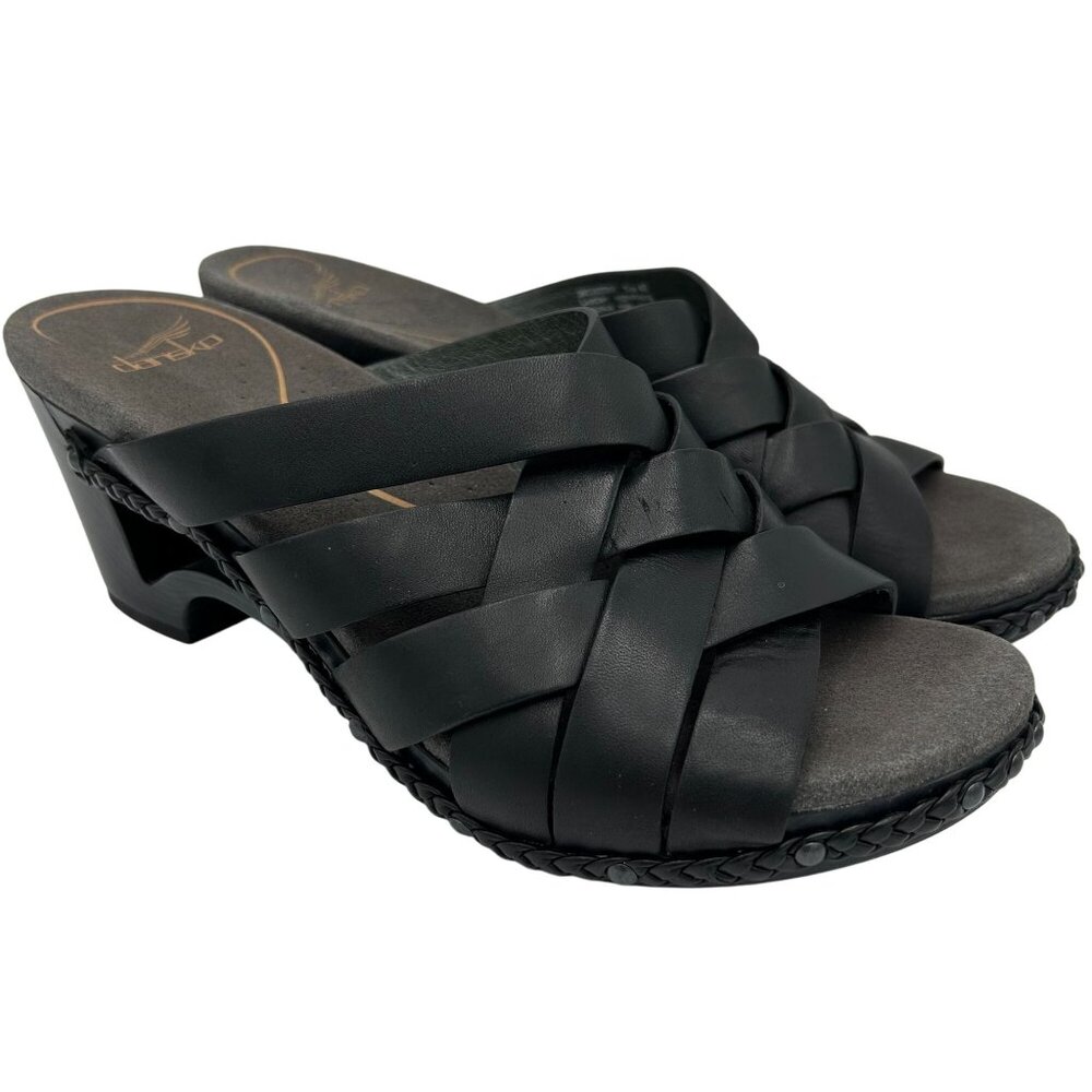 Dansko Womens Black Leather Strappy Wedge Sandals Size 40 Braided Trim - Picture 2 of 12